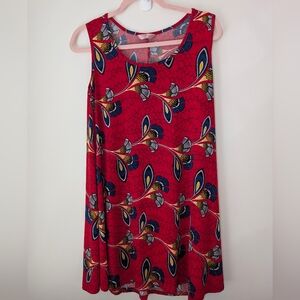 SJS Red Sleeveless Floral Swing Dress Oversized Medium